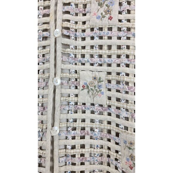 VTG 90s Woven Vest Cream Cotton Linen 2X Victoria Jones Woman Floral Embroidery - Picture 10 of 15